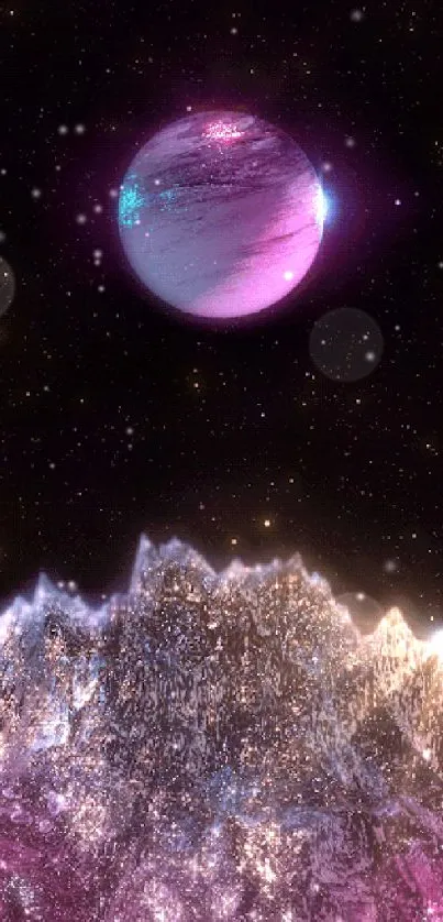 Pink planet and cosmic landscape mobile wallpaper.