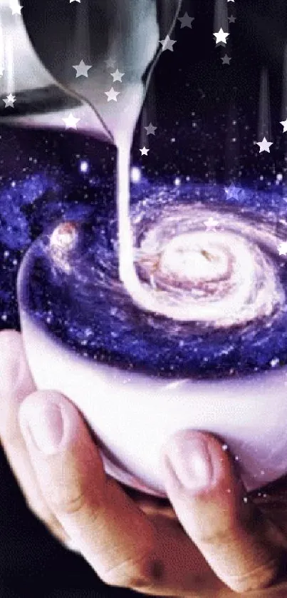 Galactic latte art blending galaxy with coffee in a cup.