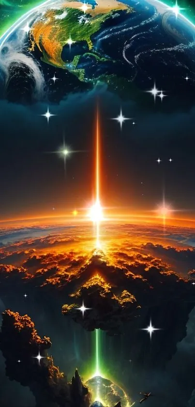 Galactic scene with glowing earth and light ray.