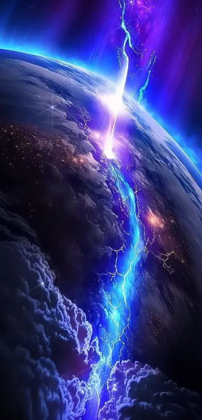 Space-themed wallpaper with blue lightning across a planet.