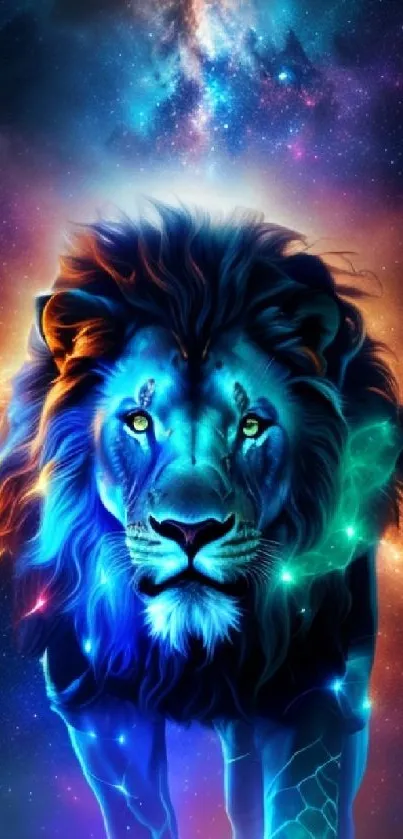 Majestic lion with vibrant galaxy backdrop as mobile wallpaper.