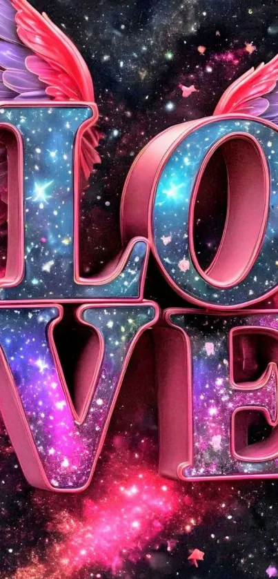 3D 'LOVE' with galaxy texture and angel wings on a pink cosmic background.