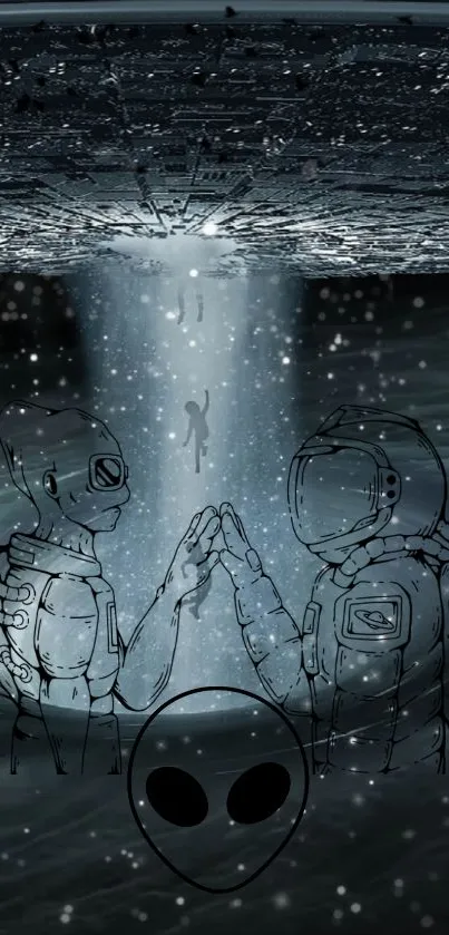 Astronaut and alien meeting in cosmic space art.