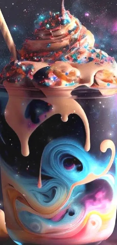 Vibrant galaxy-themed milkshake wallpaper with swirling colors.