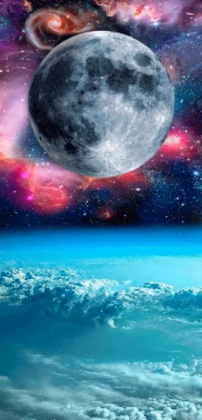 Moon hovering over vibrant galaxy and serene clouds wallpaper.