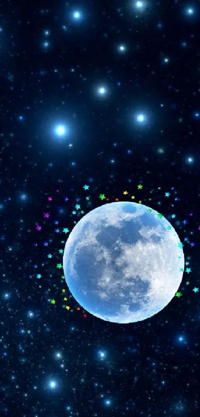 Glowing moon surrounded by stars in a dark, cosmic night sky wallpaper.