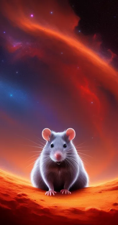 A whimsical mouse in a cosmic orange galaxy landscape.