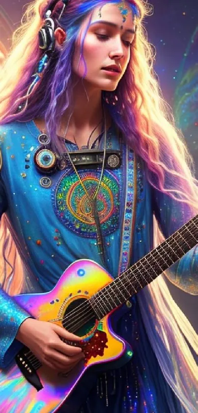 Galactic muse with guitar in a colorful cosmic setting.