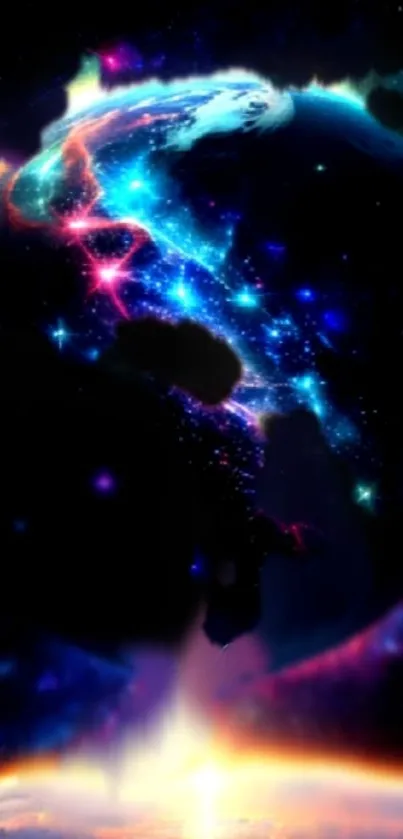 Vibrant neon galaxy with dark blue background