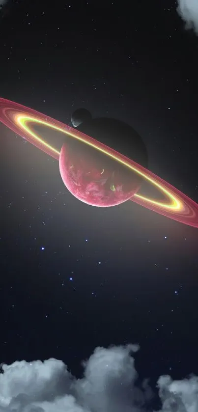 Neon-glowing planet with rings in a starry galaxy sky.