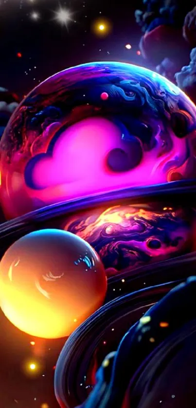 Vibrant cosmic wallpaper featuring neon planets and a swirling galaxy.