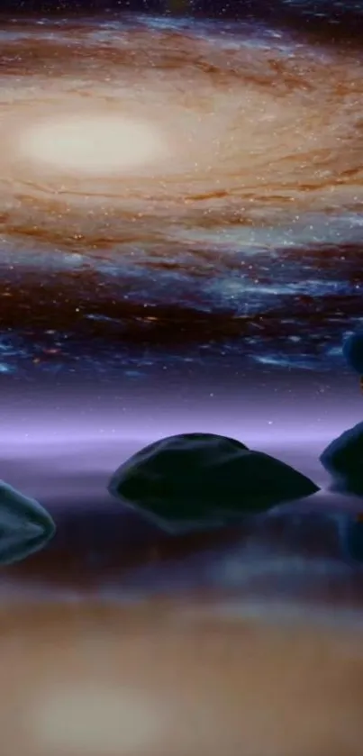 A tranquil lakeside night view under a swirling galaxy in the sky.