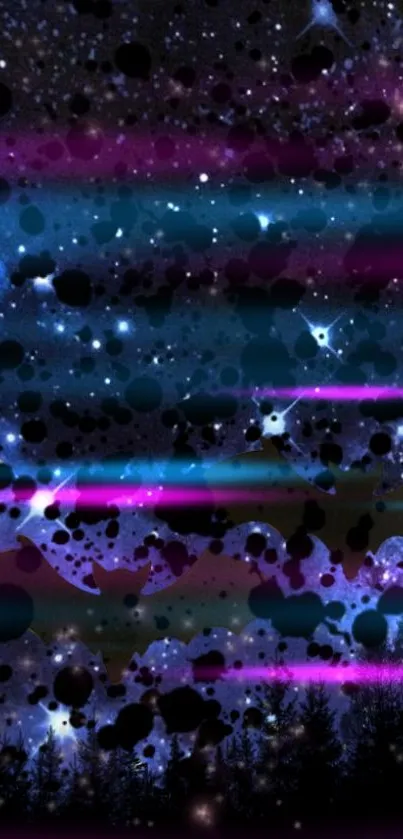 Stunning cosmic wallpaper with stars, vibrant blues, purples, and black splatters.