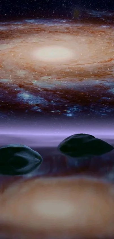 Galactic night sky wallpaper with purple hues and water reflections.