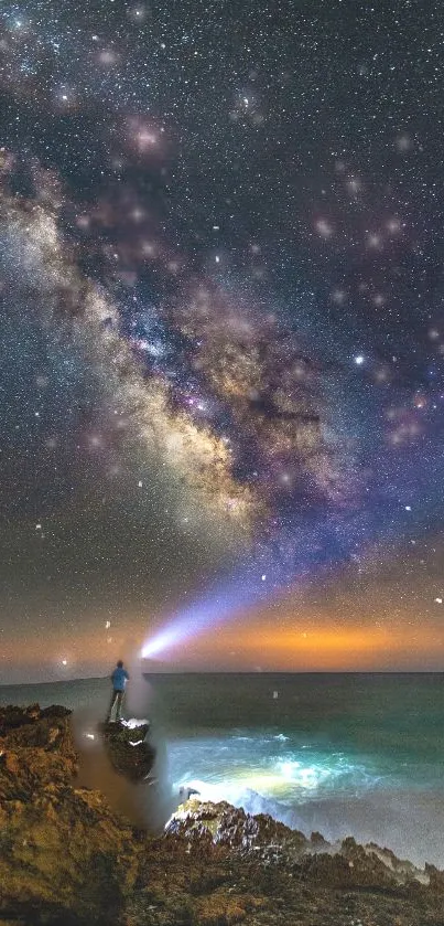 Stunning Milky Way galaxy over ocean cliffs at night.