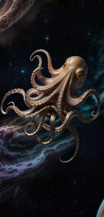 Octopus floating in cosmic space with galaxies in the background.