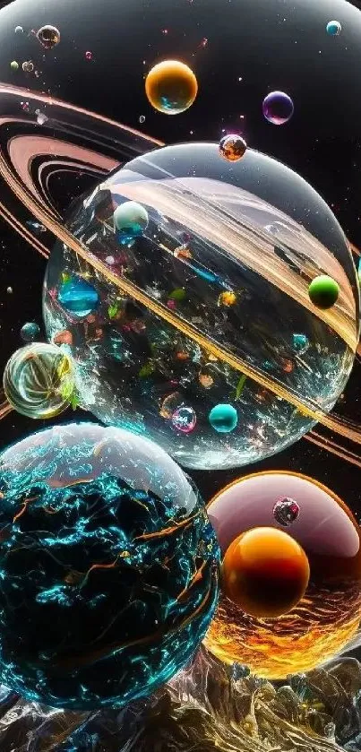 Galaxy-inspired art with floating cosmic orbs and planets in vivid colors.