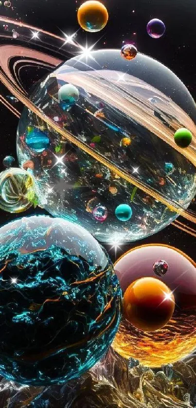 Colorful planetary orbs with rings in a space-themed wallpaper.