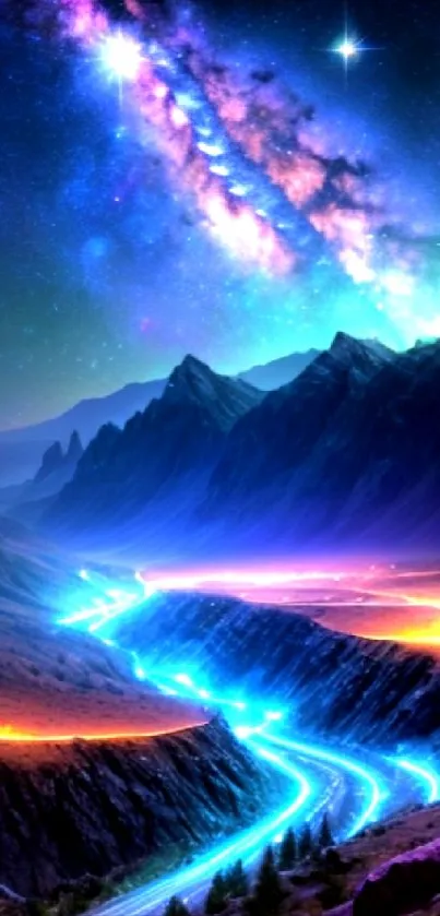 Fantasy landscape with neon river under a galaxy-filled night sky.