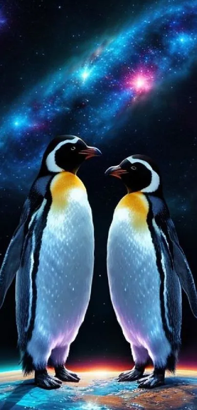 Two penguins under a vibrant cosmic galaxy.