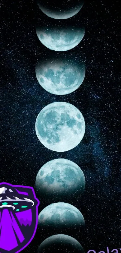 Moon phases and galaxy wallpaper with purple accents.