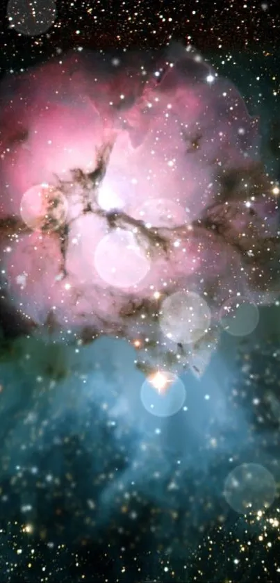 Pink and blue cosmic nebula with stars in space.