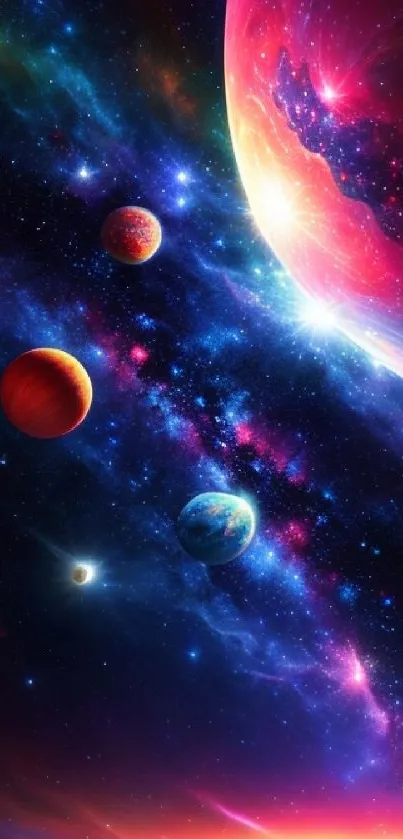 Stunning galaxy wallpaper with planets and colorful nebula.