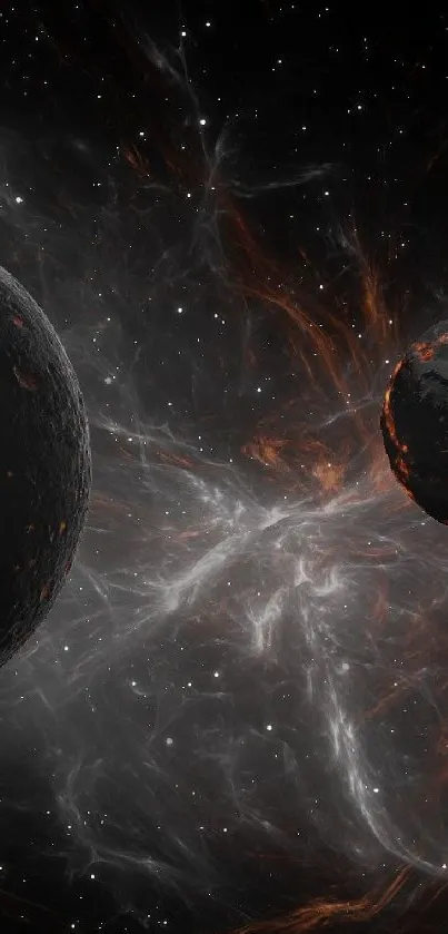 Dark cosmic planets amidst stars in space wallpaper.