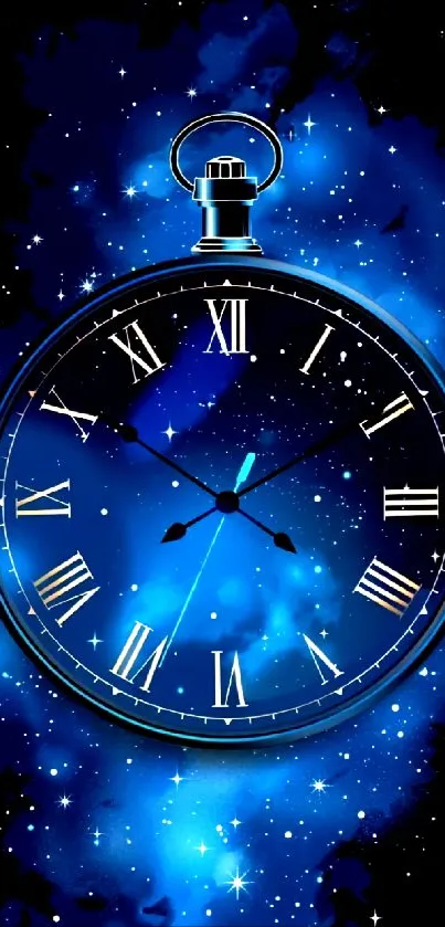 Blue pocket watch against a starry galaxy background.