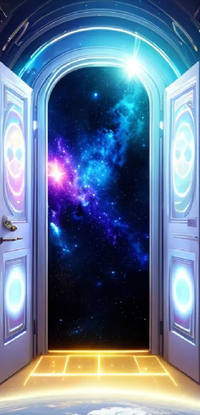 Open doorway to a galaxy with stars and a cosmic view.