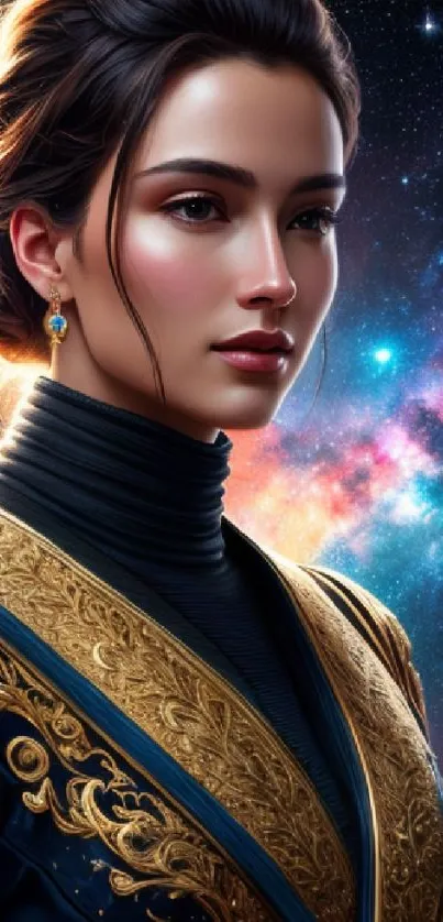 Intricate portrait with a galactic backdrop in fantasy style.