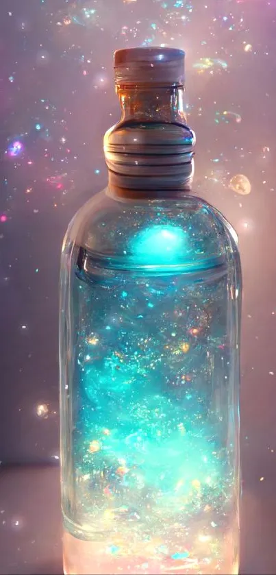 Luminous potion bottle with cosmic glow and vibrant galactic colors wallpaper.