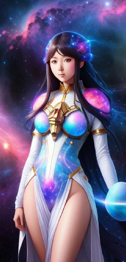Galactic princess in vibrant space-themed mobile wallpaper.
