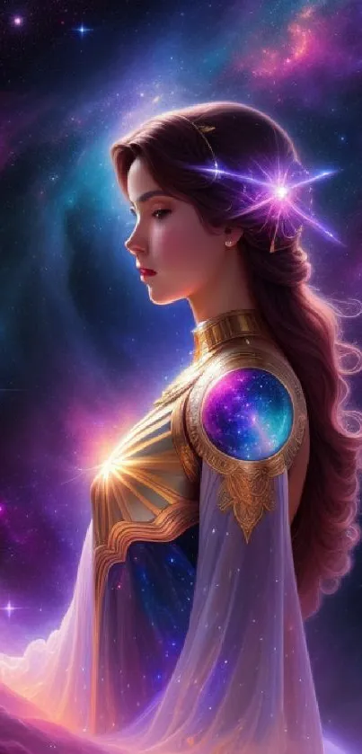 Elegant galactic princess in a cosmic fantasy setting with vibrant purple hues.