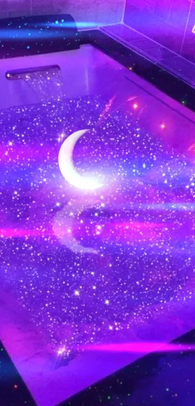 Surreal purple bath in a cosmic galaxy setting with stars and moon.