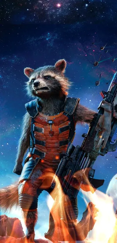 Galactic raccoon warrior in space with starry background on mobile wallpaper.