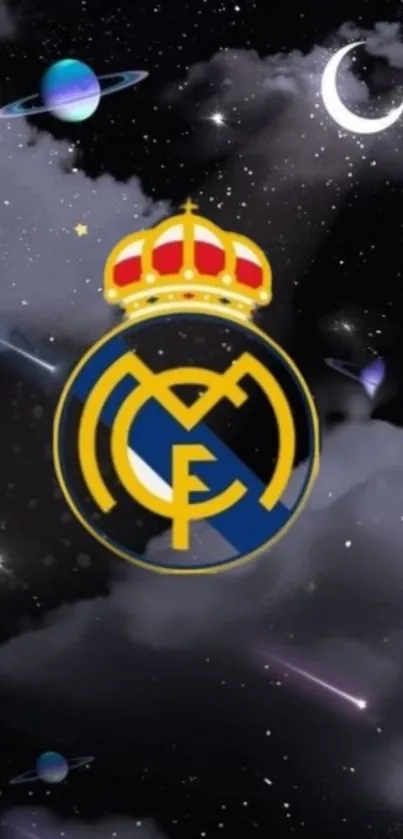 Real Madrid logo in a space-themed wallpaper with planets and stars.