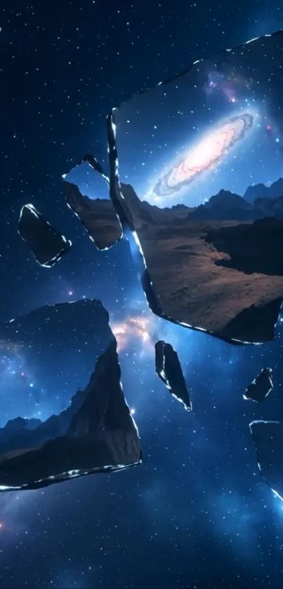 Surreal space landscape with galaxy reflections in broken mirror pieces.