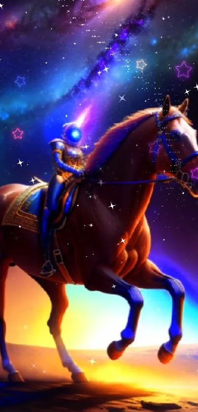 Cosmic rider on horse in a galaxy-themed fantasy wallpaper.