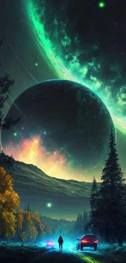 Fantasy landscape with glowing planets and cosmic road at night.