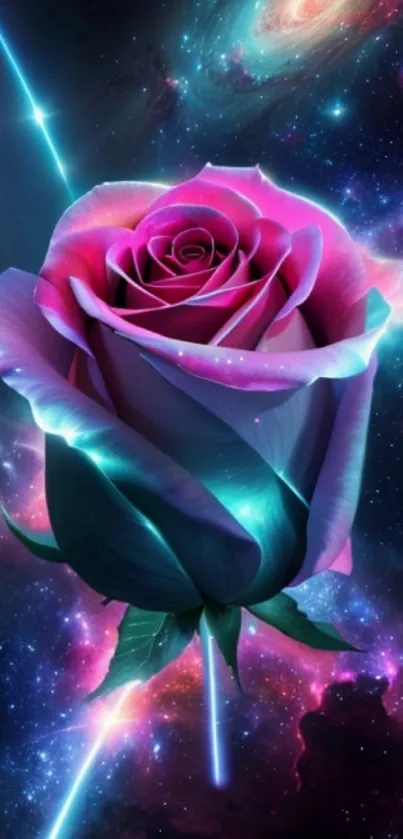 Neon-hued galactic rose with cosmic backdrop in vibrant colors.