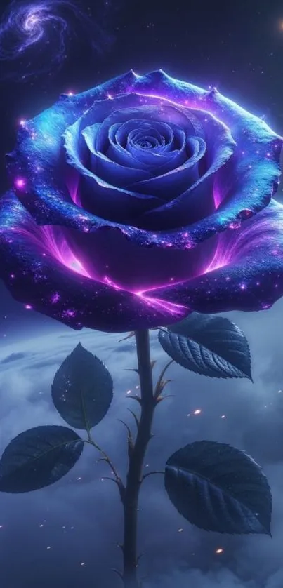 Mystical purple rose in cosmic night sky.