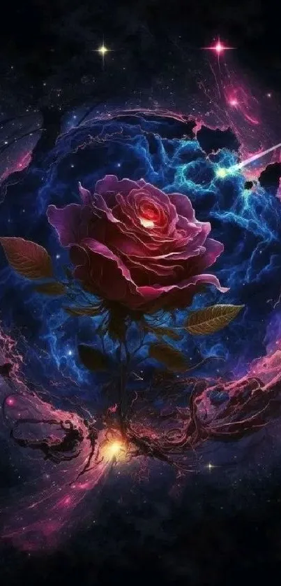 A cosmic rose with vibrant colors set in a galactic background, perfect for fantasy art lovers.