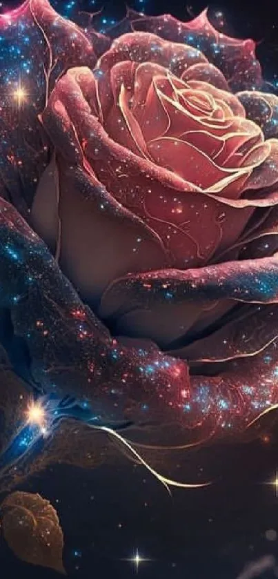 A magical rose with stars against a dark cosmic background.