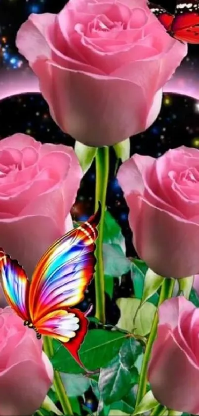 Pink roses and butterflies with a galaxy background.