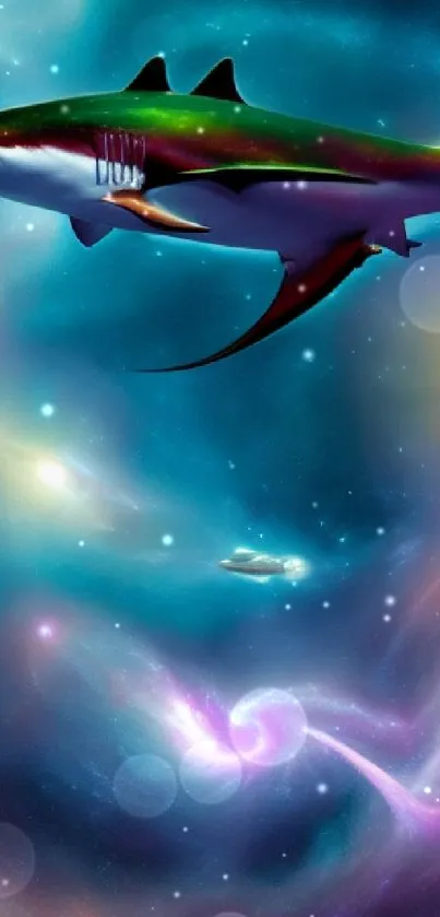 Surreal cosmic shark swimming through a vibrant colorful nebula.