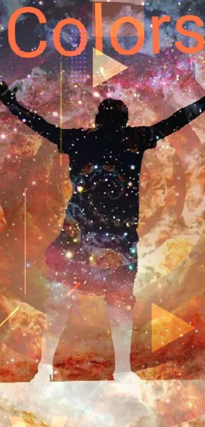 Silhouette against vibrant cosmic galaxy in mobile wallpaper.