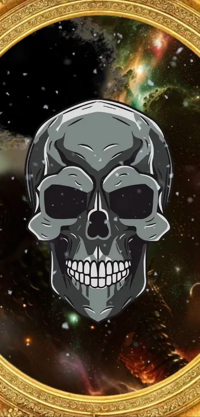 Galactic skull with gold frame on a dark cosmic background.