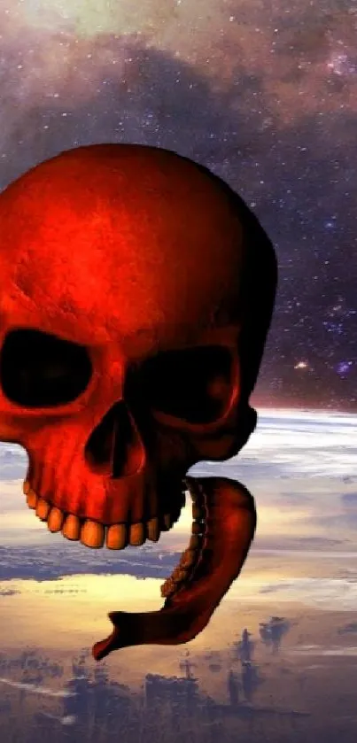 Red skull on Earth with galaxy background wallpaper.