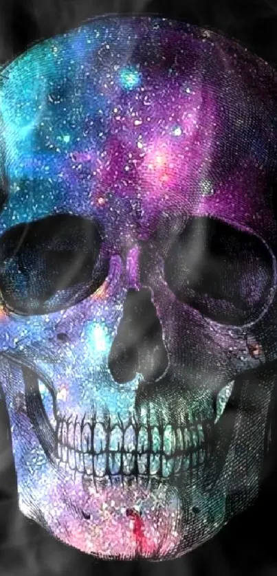 Colorful cosmic skull on black background wallpaper.